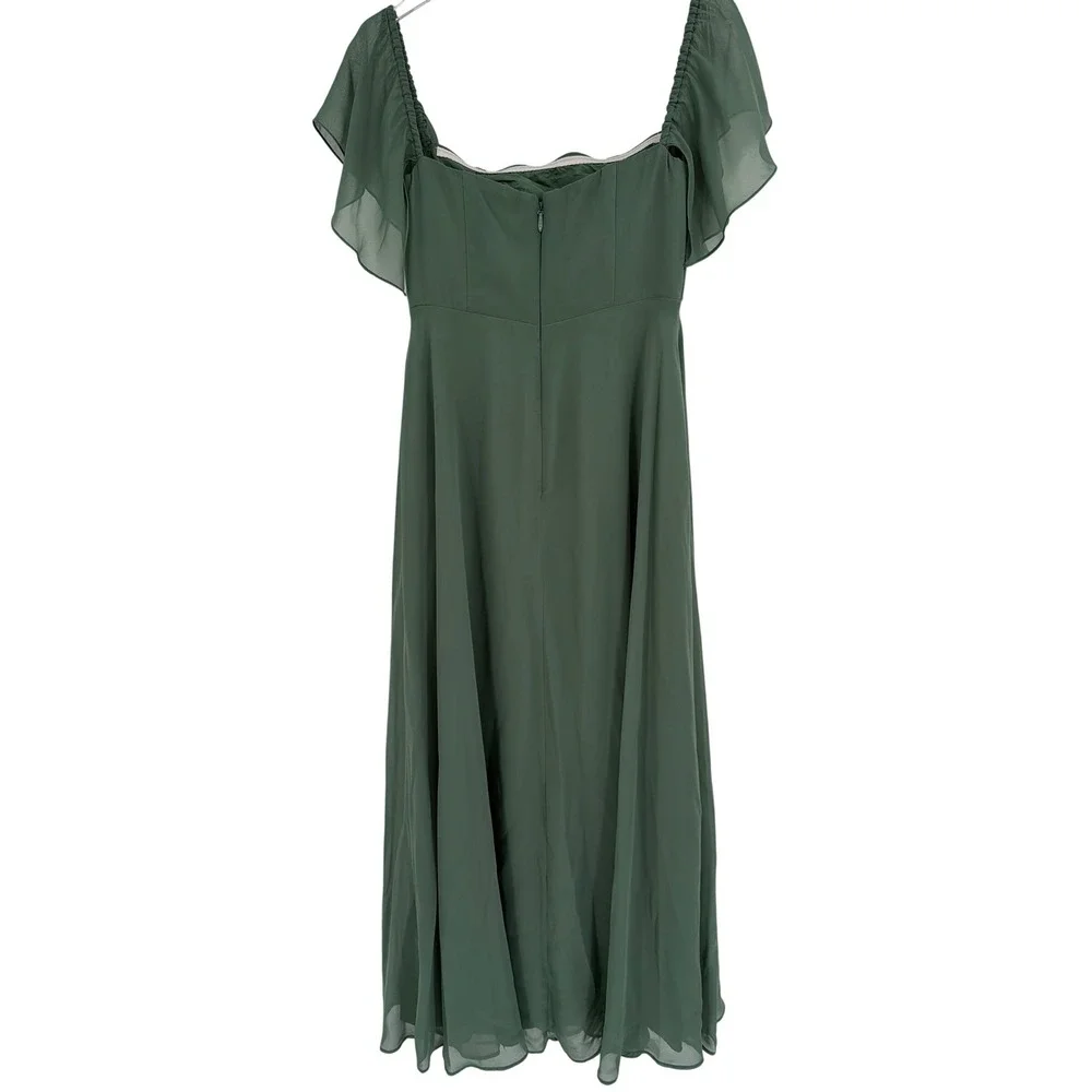 Azazie Pine Green Chiffon Flutter Sleeve Cowl Neck Maxi Bridesmaid Dress A6